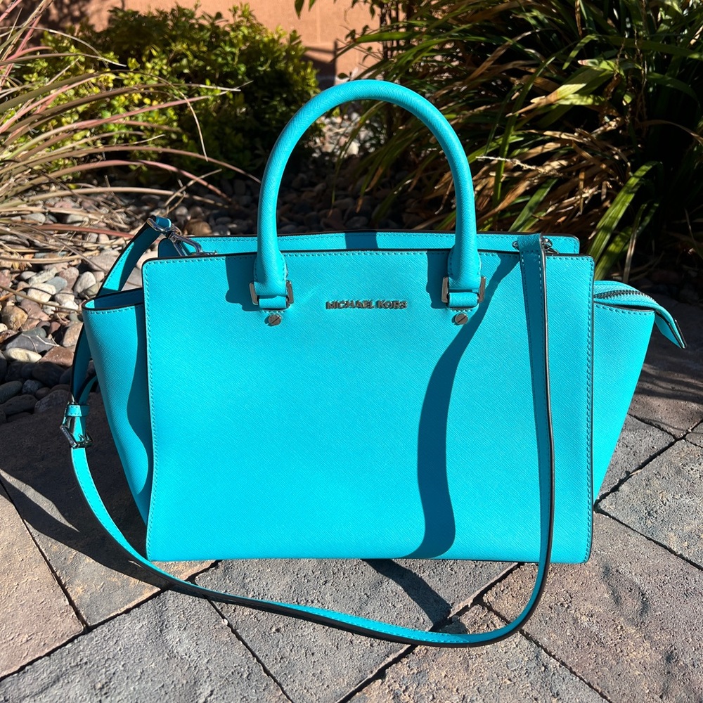 Michael Kors Selma Saffiano Leather Crossbody Satchel - Turquoise.